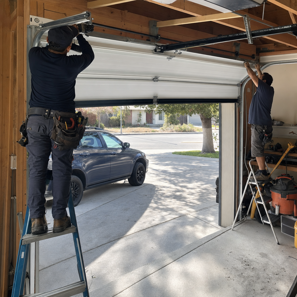 Two professional technicians performing a residential garage door installation