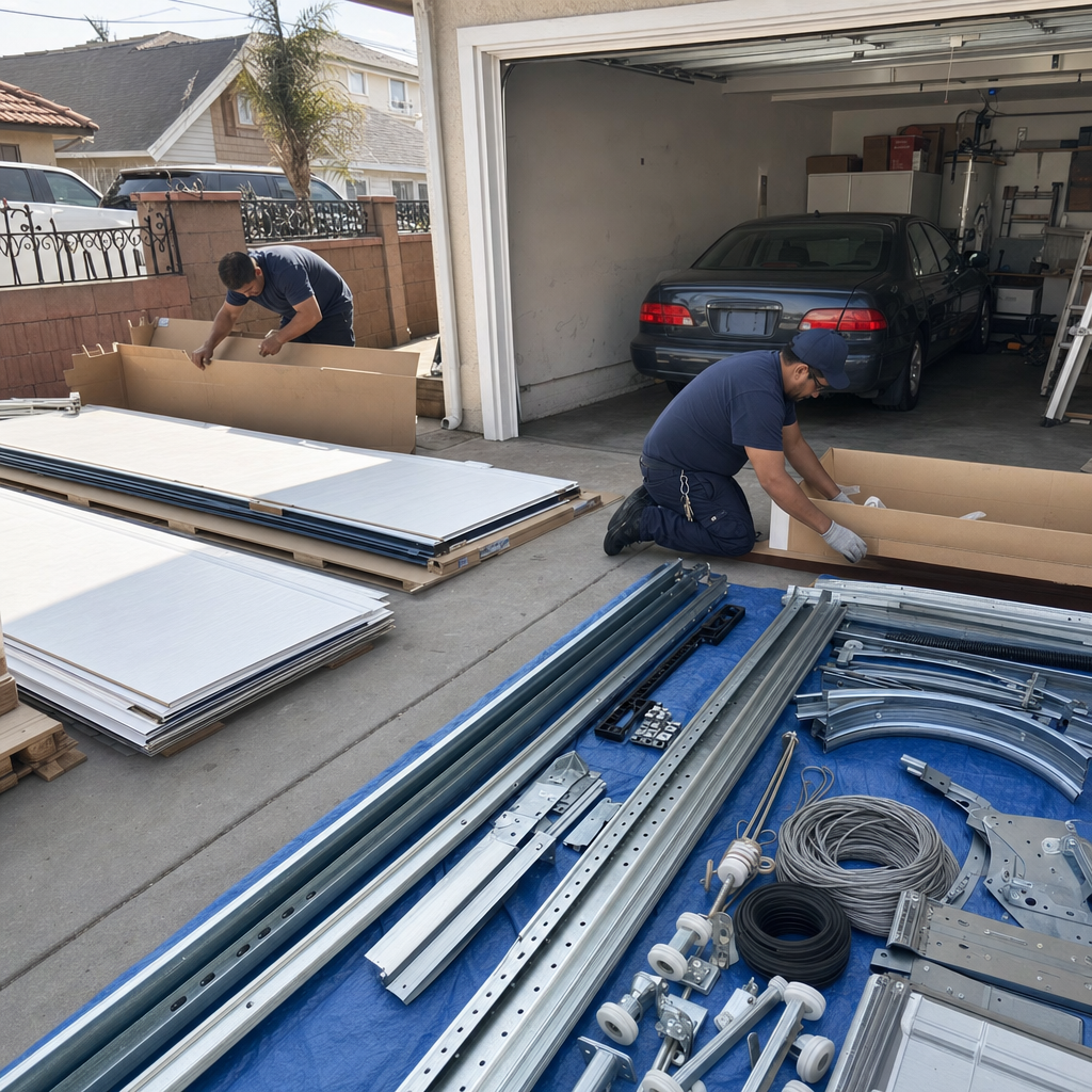 Two technicians unpacking garage door components for professional installation.