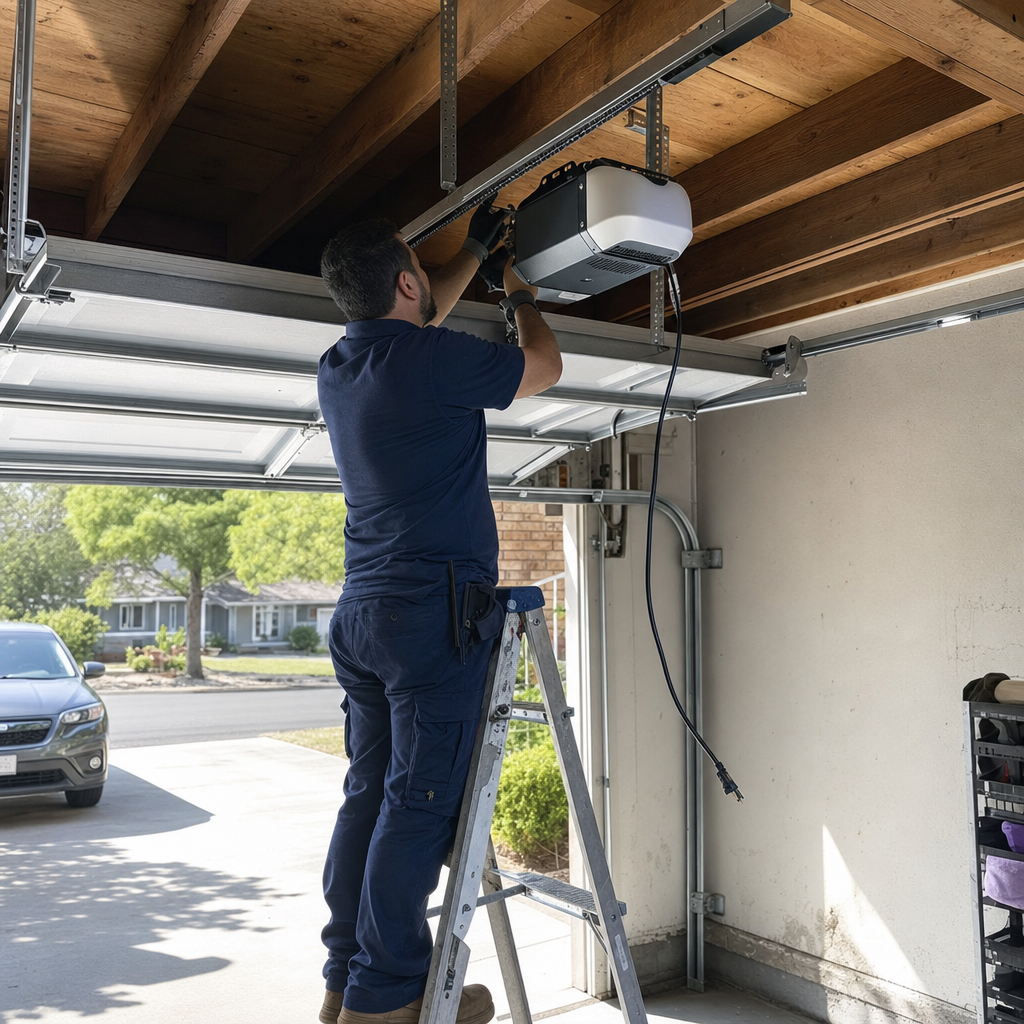Technician installing a garage door opener motor in a residential garage