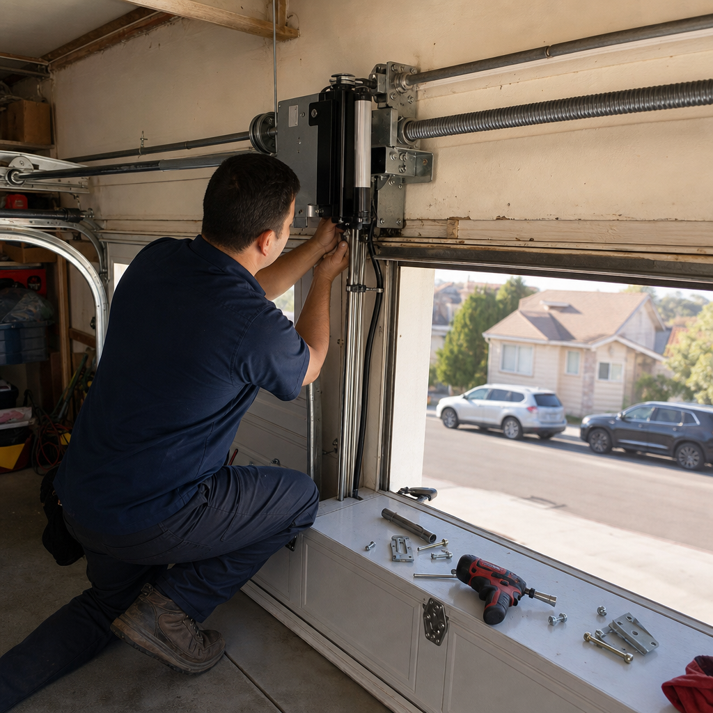 Technician performing professional garage door opener installation and repair