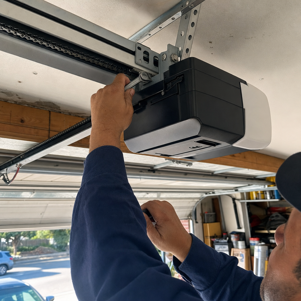 Technician using a wrench to repair a garage door opener motor