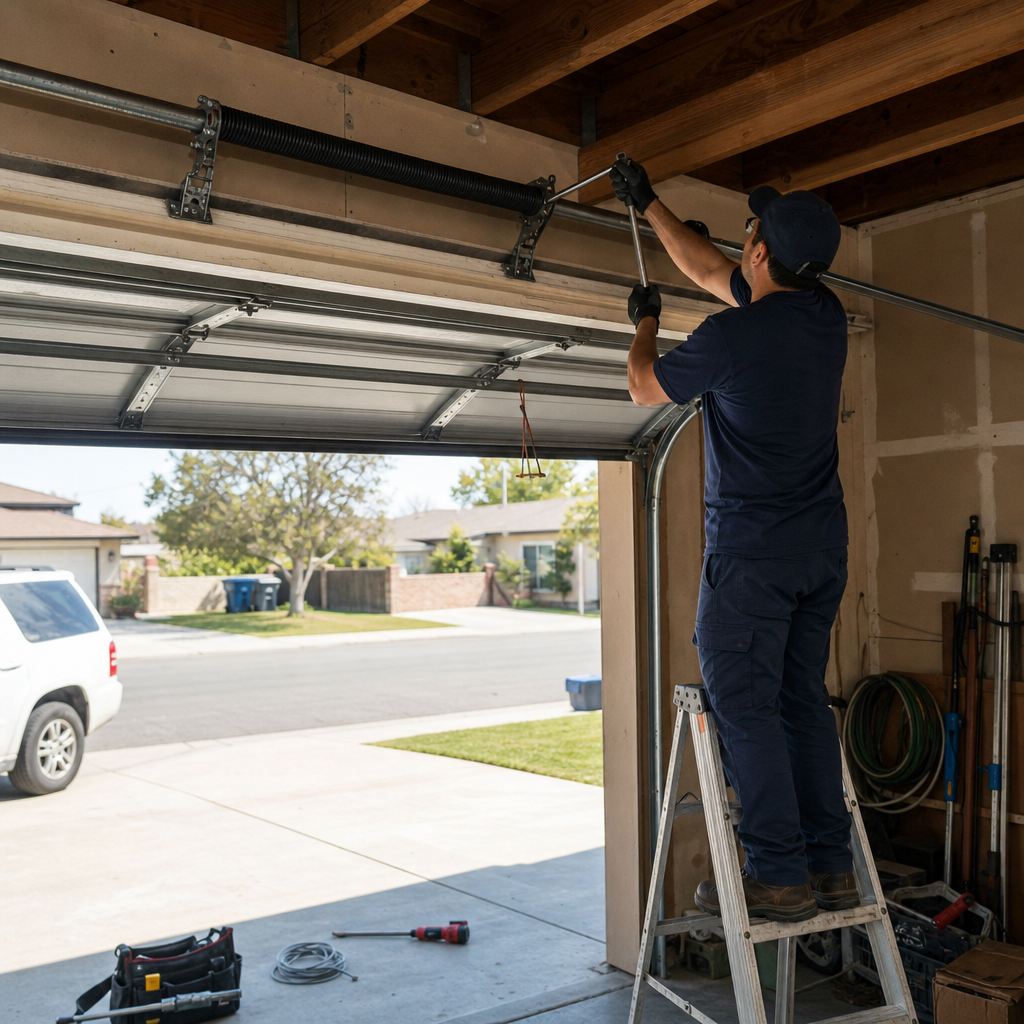 Technician performing professional garage door torsion spring repair on a ladder