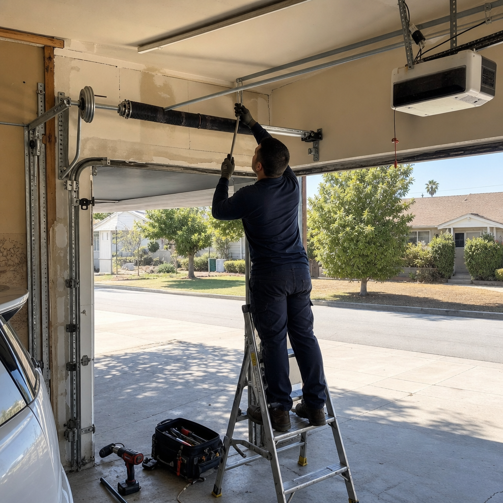 Professional technician performing residential garage door spring repair on a ladder