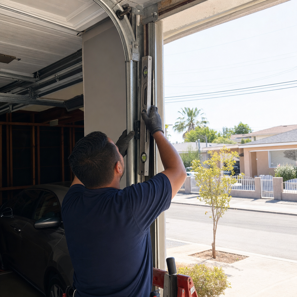 Technician checking garage door track alignment with a level