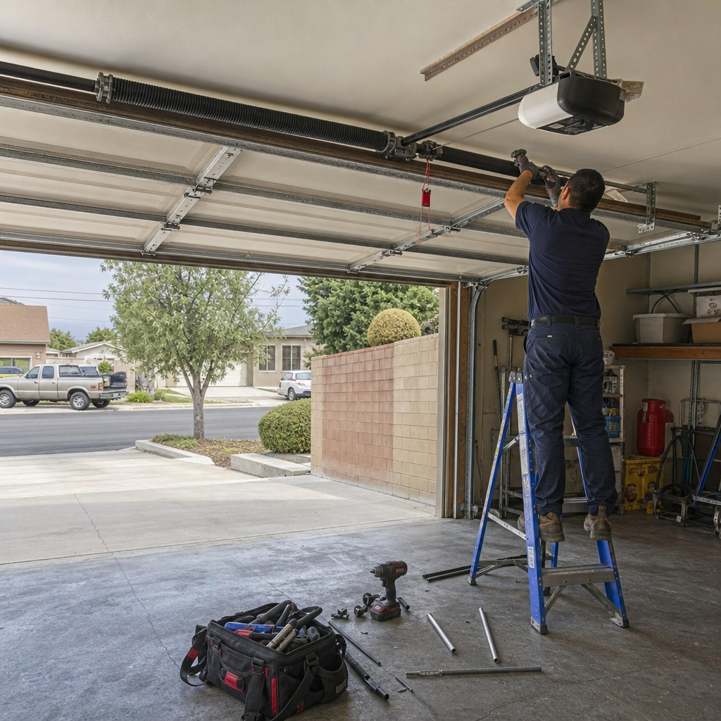 Technician performing emergency garage door spring repair in Los Angeles, CA