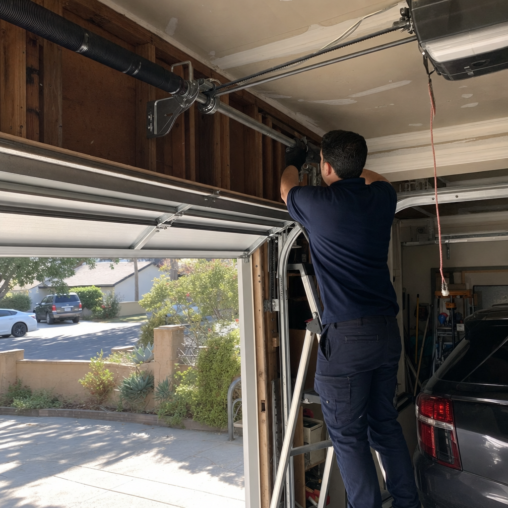 Technician performing emergency garage door spring repair on a ladder in Orange, CA