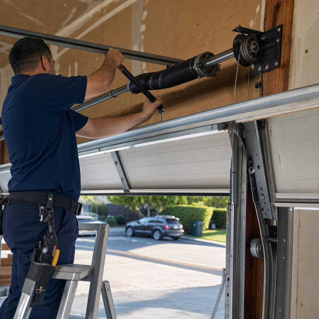 Technician performing professional garage door spring repair and maintenance in Los Angeles, CA