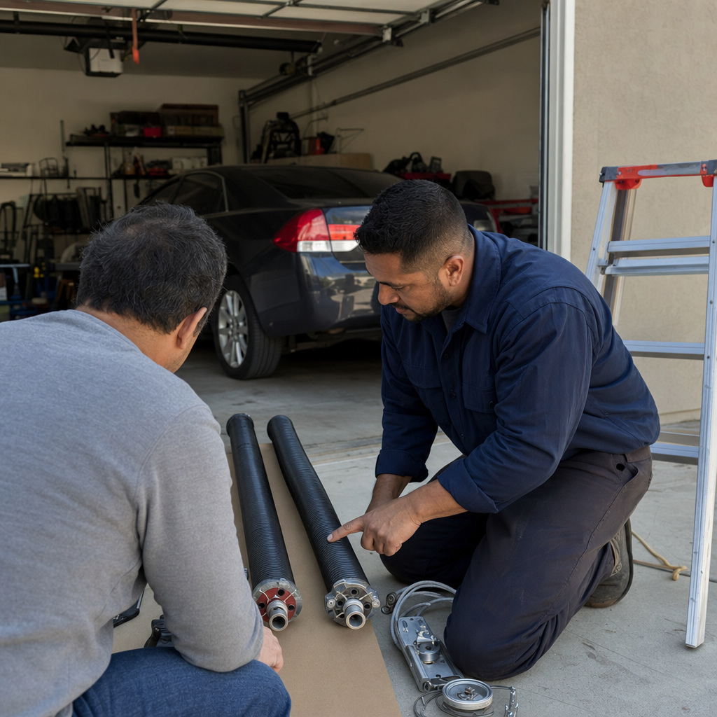Technician explaining garage door torsion spring replacement to a customer in Los Angeles, CA
