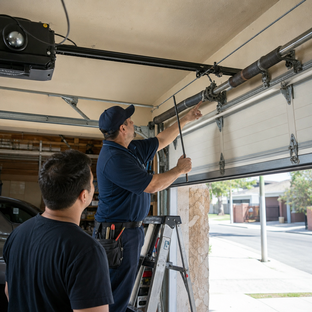 Technician performing professional garage door spring repair and maintenance service in Los Angeles, CA