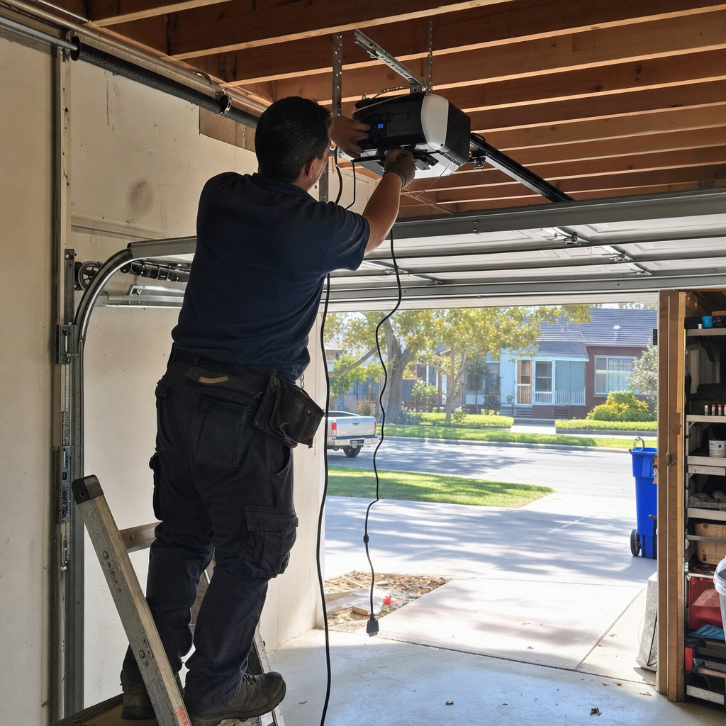 Technician performing professional garage door opener repair and installation services