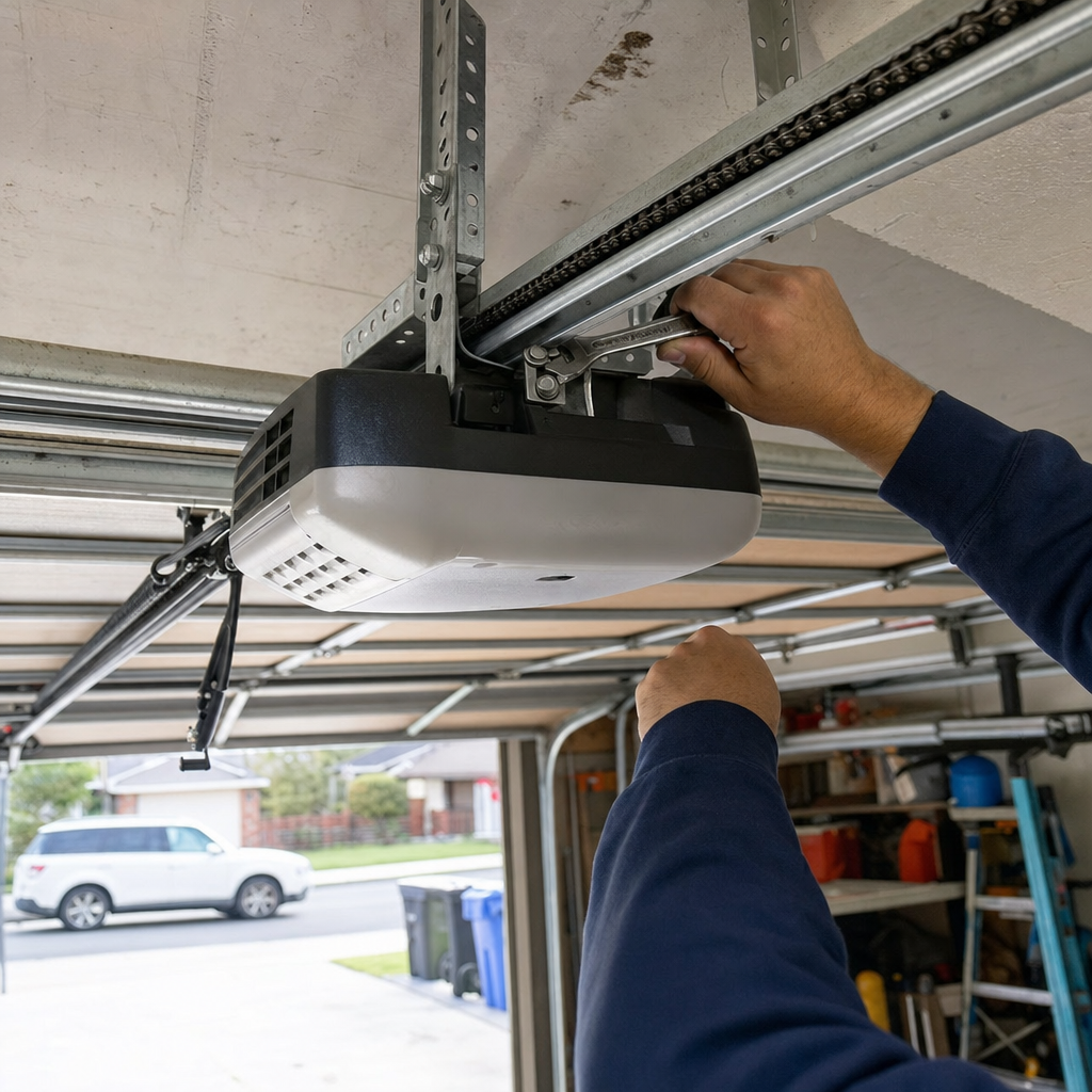 Technician performing professional garage door opener maintenance and repair