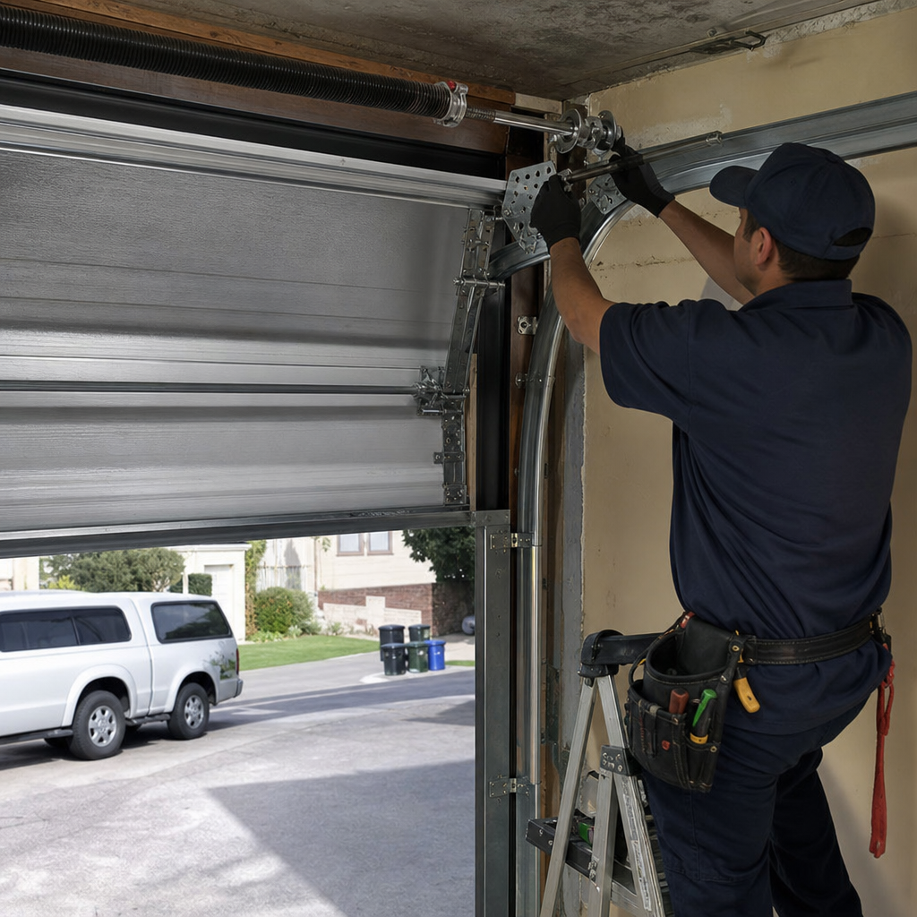 Professional technician repairing garage door spring and track system in Los Angeles, CA
