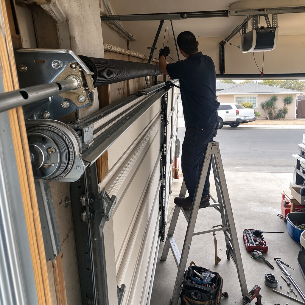 Professional technician repairing garage door spring and cable hardware in Baldwin Park, CA